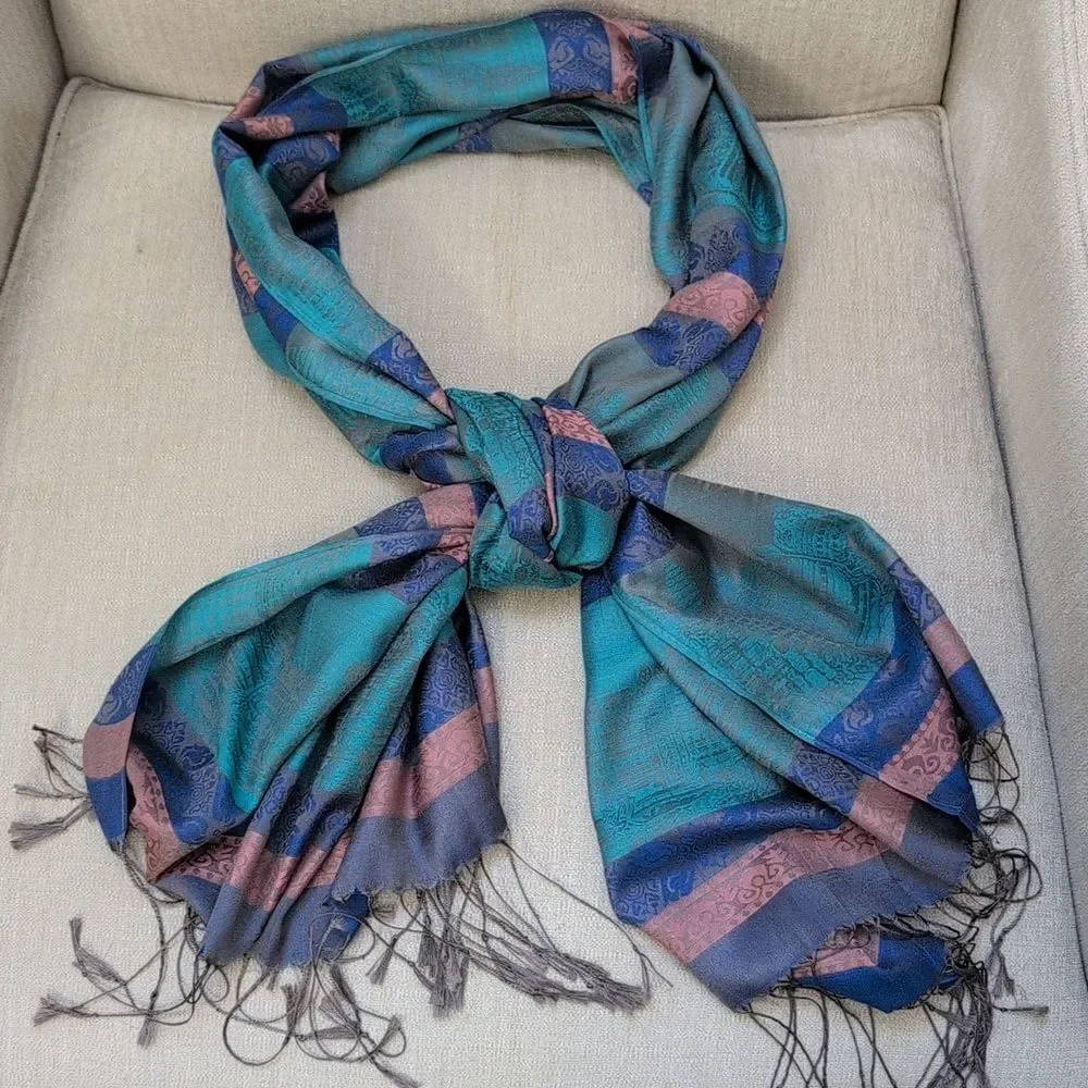 Elegant Multicolor Silk Mixed Stripe Jacquard Scarf Wrap with Fringe